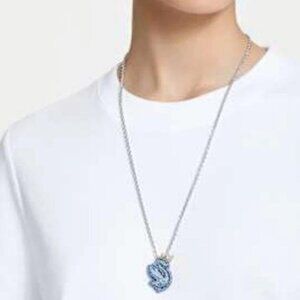 Swarovski Silver long Chain Swan Pendent in Blue Crystal Necklace
